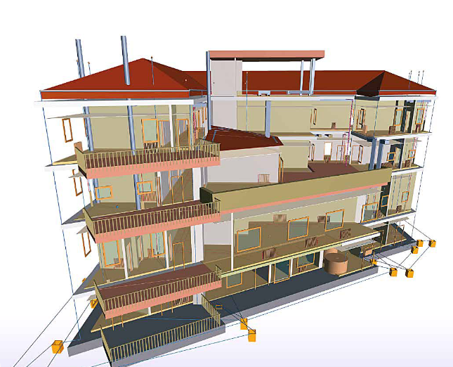 Modelo 3D de una casa de varios niveles, mostrando su estructura y diseño arquitectónico detallado.